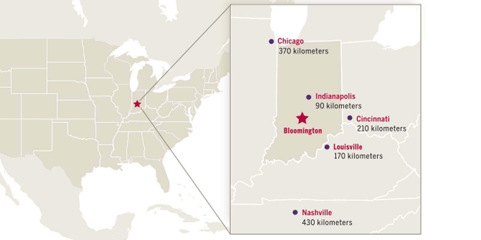 Map of the United States with nearby cities and their distance from Indiana University campus.